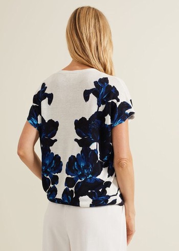 Phase Eight Mia Floral Print Linen Knitwear Navy/White Canada | PCHUXT-945